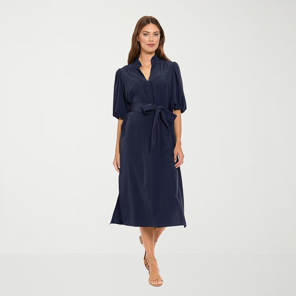 MSRP $89 London Times Womens L Navy Midi V Neck Elbow Sleeve Shift Dress